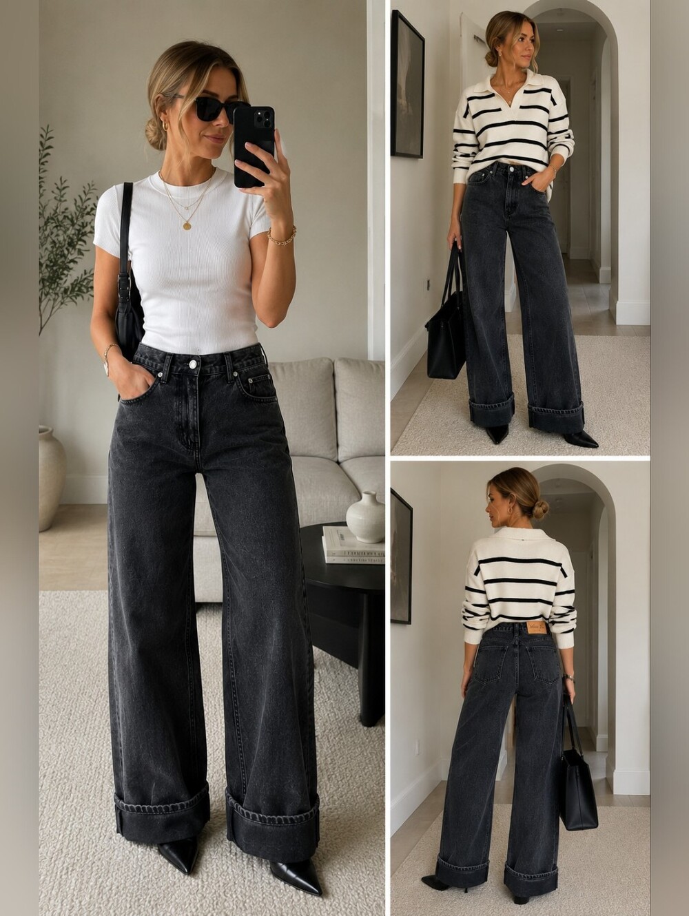 White Fox Black Acid Wash Wide-Leg Jeans with Cuffed Hem, Size S